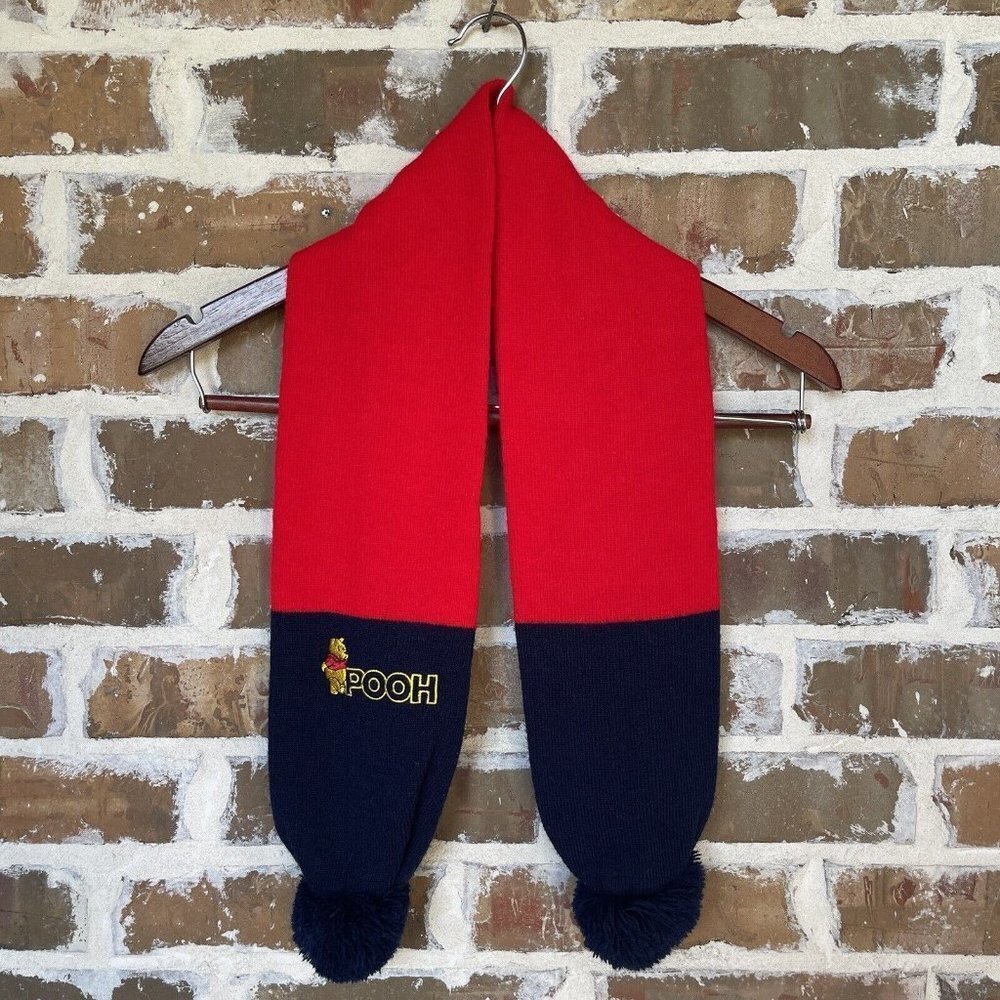 Winnie The Pooh Scarf 43 Inch Kid's Knit Pom Red Yellow Blue Stripes Embroidered